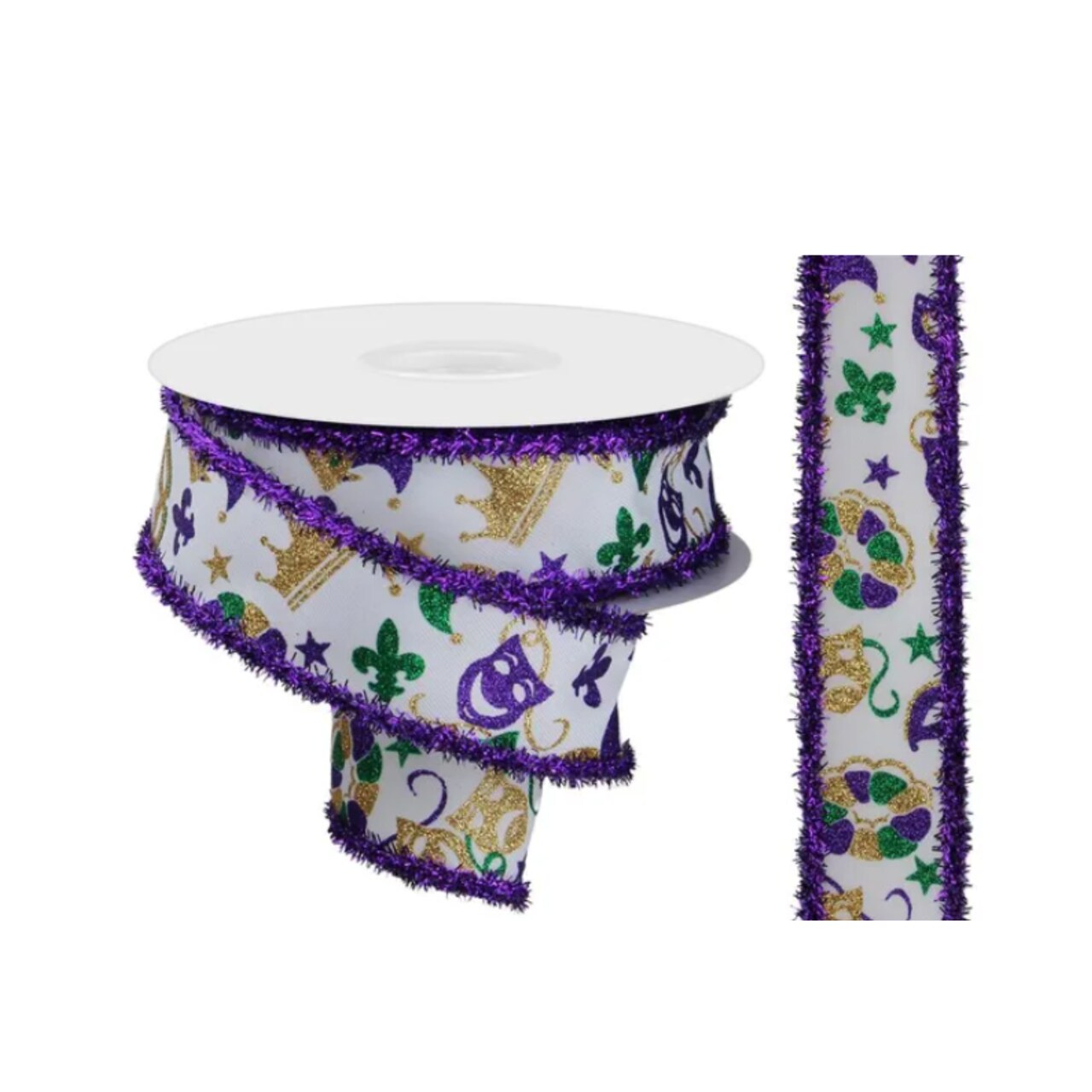 1.5"x10yd Mardi Gras Wired Ribbon – Purple Gold Green Glitter Mask & Crown Print-RGA870827